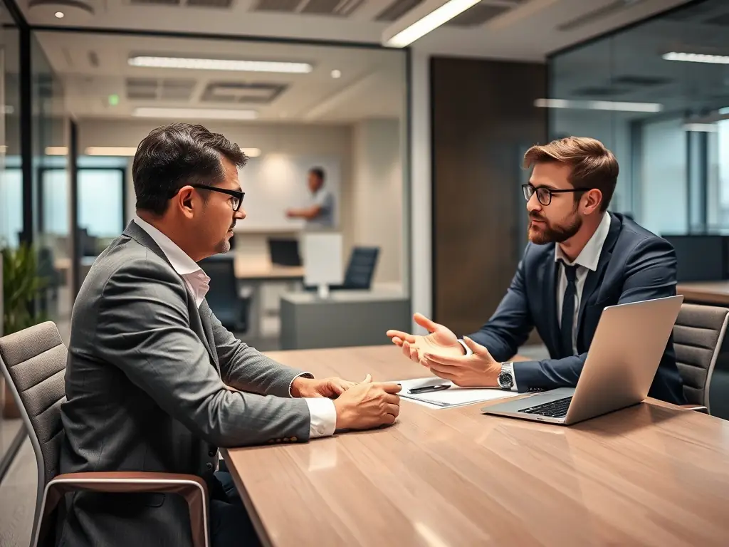 A consultant is providing career coaching to a client in a modern office setting. The scene conveys professionalism and personalized support.