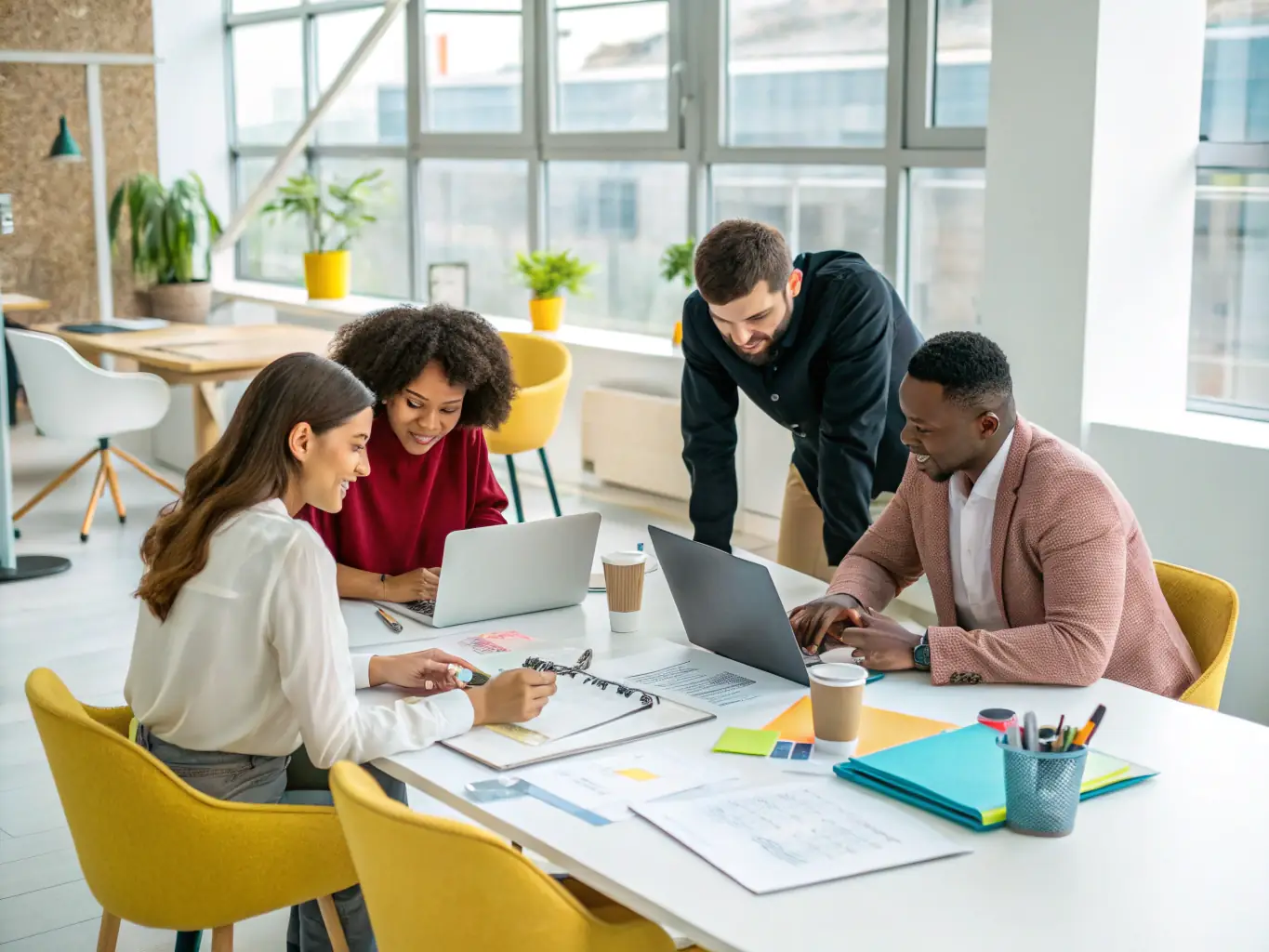 A diverse group of professionals are networking and collaborating in a modern co-working space, symbolizing community and shared success.