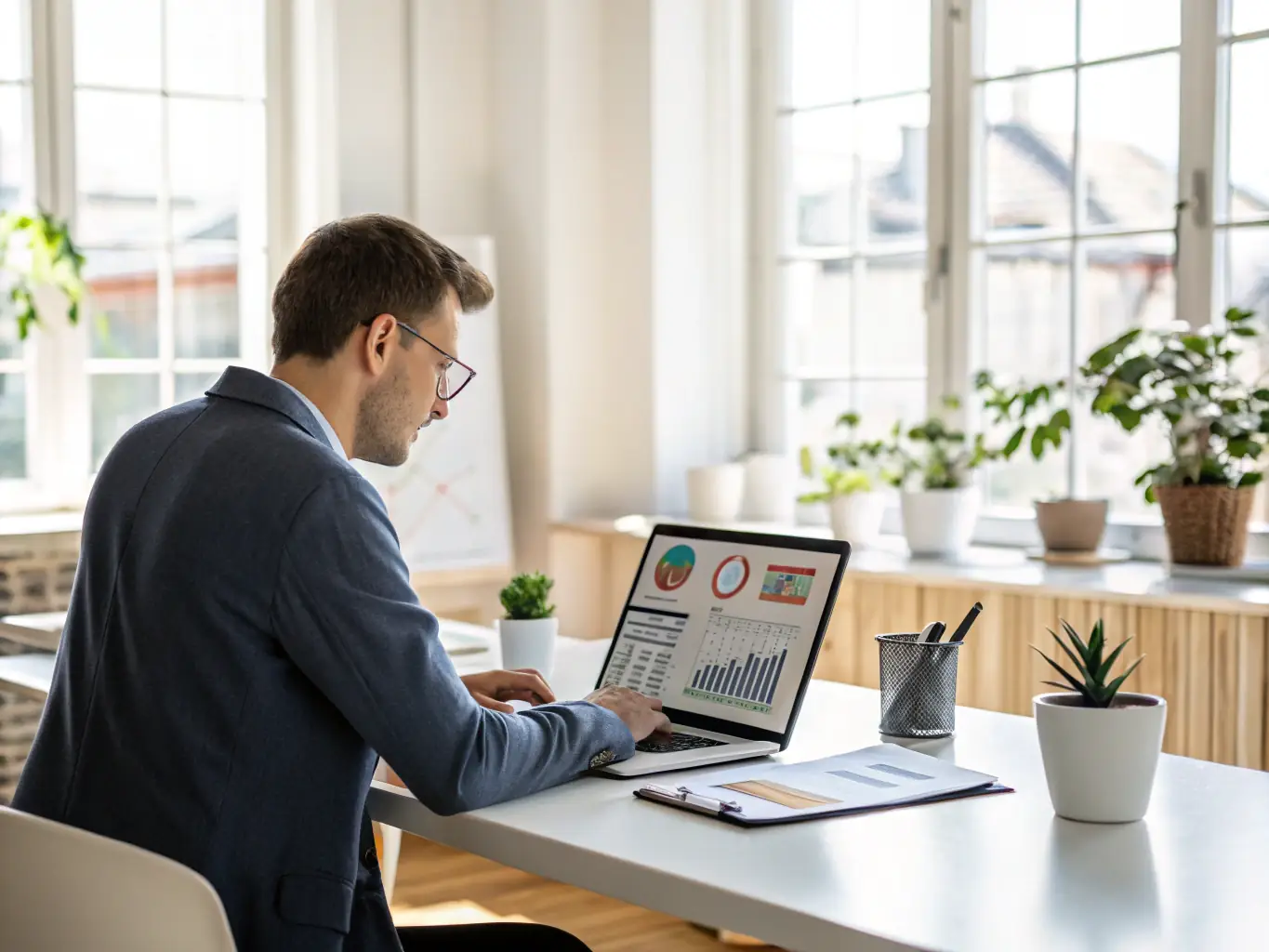 A person is confidently managing their finances on a laptop, with charts and graphs indicating financial growth and stability.